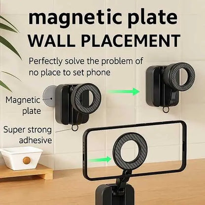 How to use the magnetic wall mount feature for the phone stand: an adhesive magnetic plate sticks to a kitchen wall, the foldable stand attaches magnetically to the plate, and a smartphone mounts securely for hands-free viewing.