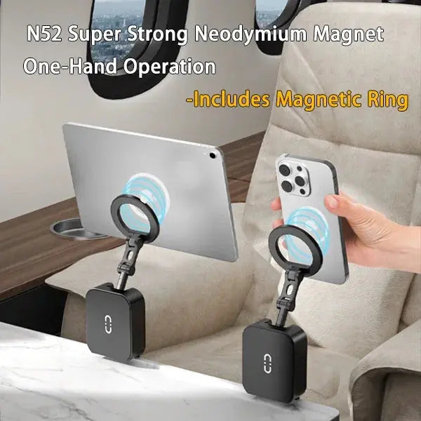 A portable magnetic phone stand demonstrating its strong N52 magnet by holding both a tablet and a smartphone in an airplane cabin, highlighting its one-hand operation.