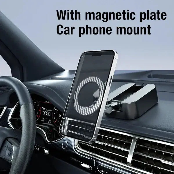 The foldable phone stand used as a car phone mount, placed on the dashboard of an Audi, securely holding a smartphone for navigation or hands-free use.