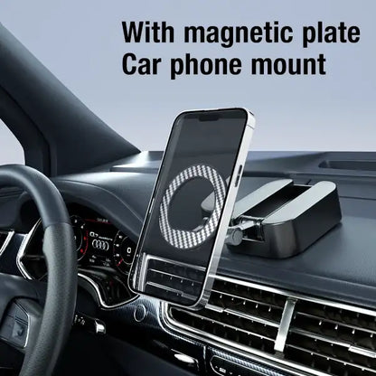 A nine-panel grid image displays the magnetic phone stand in various use cases, including the kitchen, bedside, car, and office