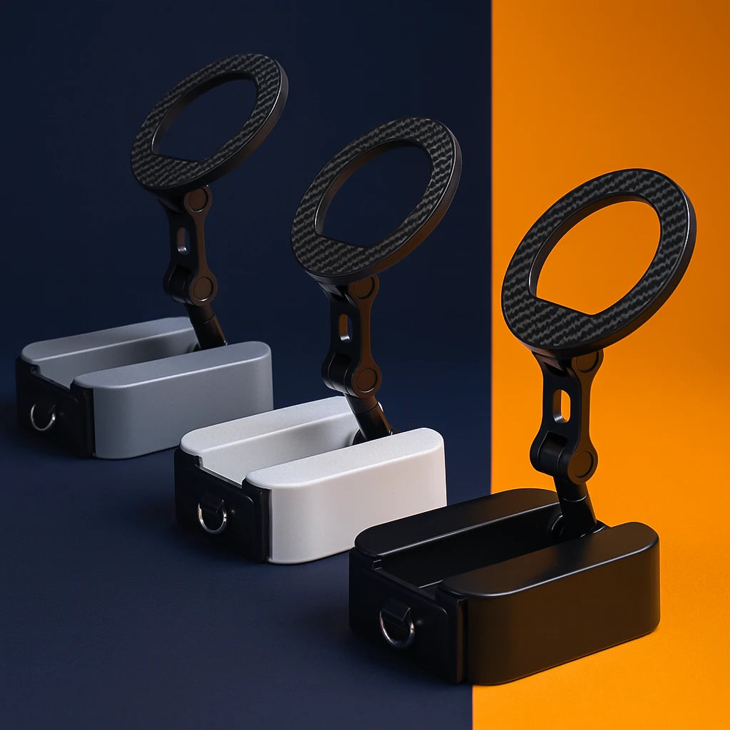 Three foldable magnetic phone stands displayed in a row, showcasing the available color options: all-black, white with black accents, and silver with black accents, set against a stylish split-color background.