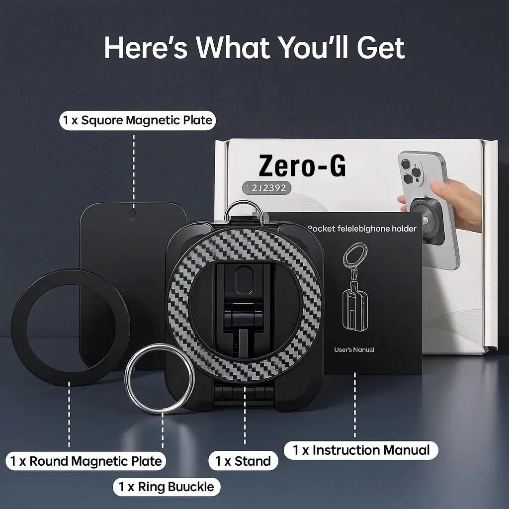 Package contents for the Zero-G phone stand, showing everything you'll get: the main stand, a user's manual, a ring buckle, one round magnetic plate, and one square magnetic plate.